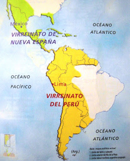 Karte mit
                      den Vizek�nigreichen Neu-Spanien (oben) und Peru
                      (unten)