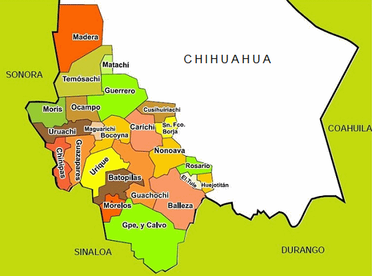 Karte der
                  Provinz Chihuahua mit den Gemeinden der Ureinwohner /
                  Prim�rnationen