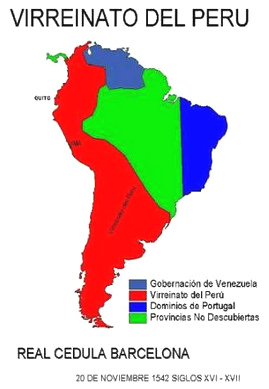 Karte mit
                      dem Vizek�nigreich Peru, Venezuela, nicht
                      entdeckten Dschungelgebieten und Portugals Zipfel