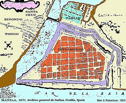 Plan of Manila with
              the "Christian" center with the town wall
              "intramuros" and with the Chinese district or
              ghetto "Parian", the first position was next to
              it