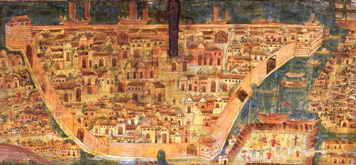 Rassistisch-"christliches" Intramuros von
              Manila, �lmalerei auf einer Holztruhe, ca. 1640 bis 1650