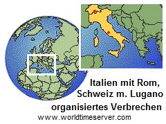 Karte von Italien mit Rom und der Schweinz
                (Schweiz) mit Lugano - organisiertes Verbrechen